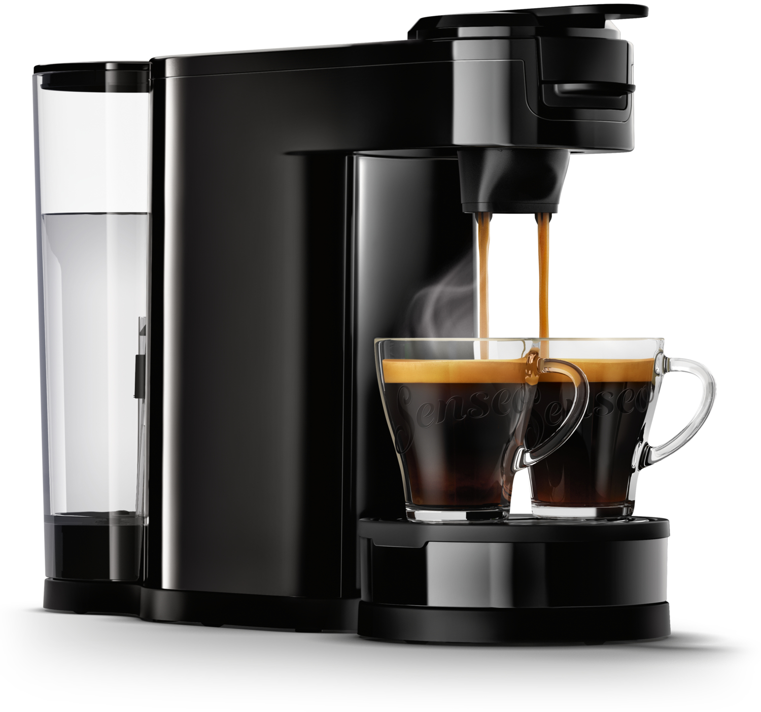 Zwarte Senseo koffiemachine, schenkt koffie in twee glazen.
