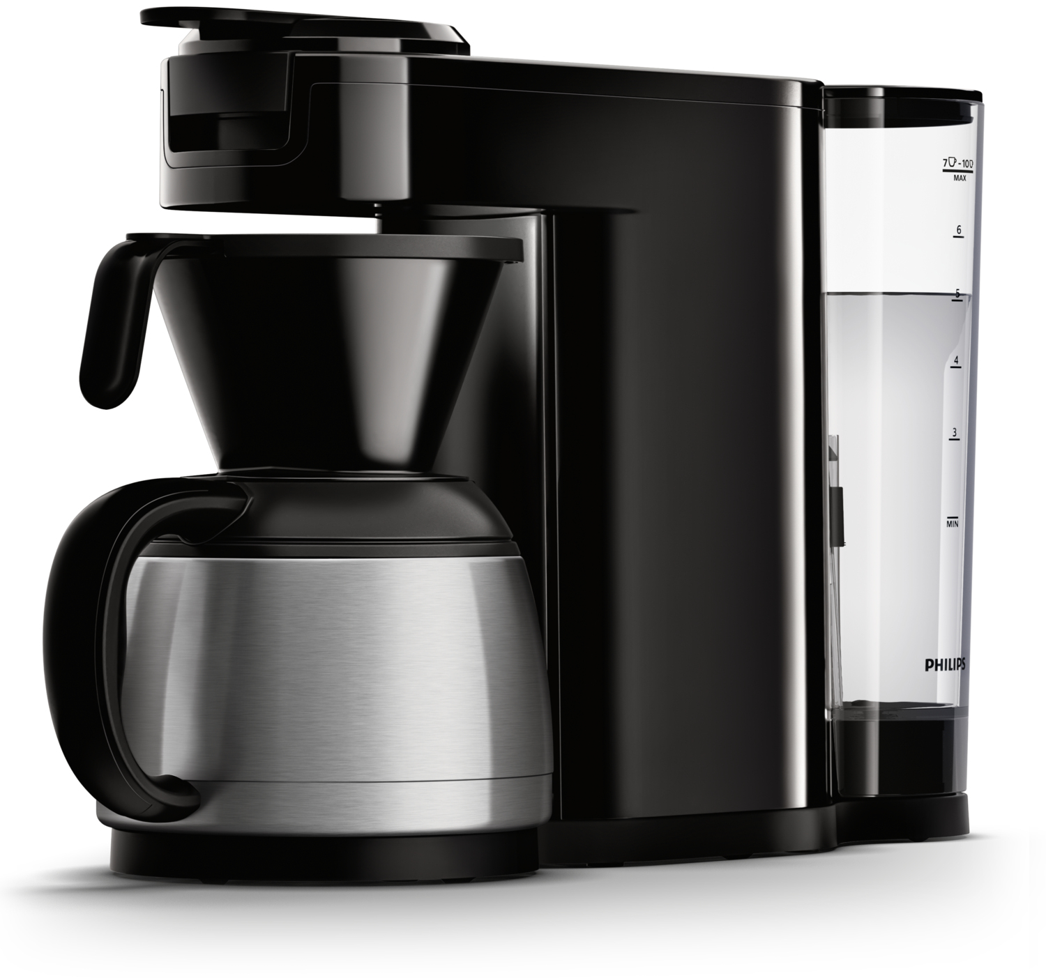 Zwart koffiezetapparaat met een zilverkleurige kan, watertank en handvat.