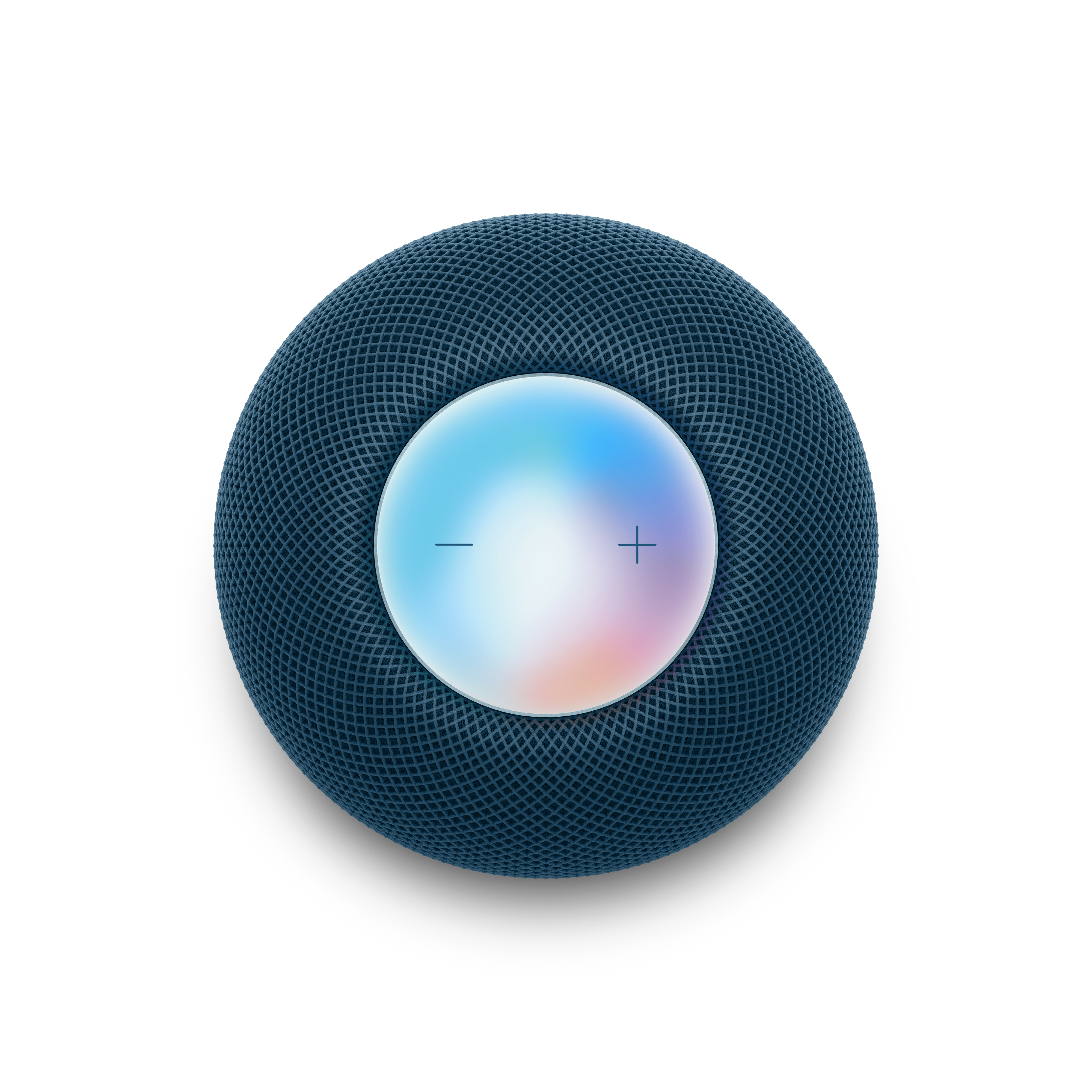 Beyaz arka plan üzerinde koyu mavi, küresel bir Apple HomePod mini hoparlör, yukarıdan görünüm.