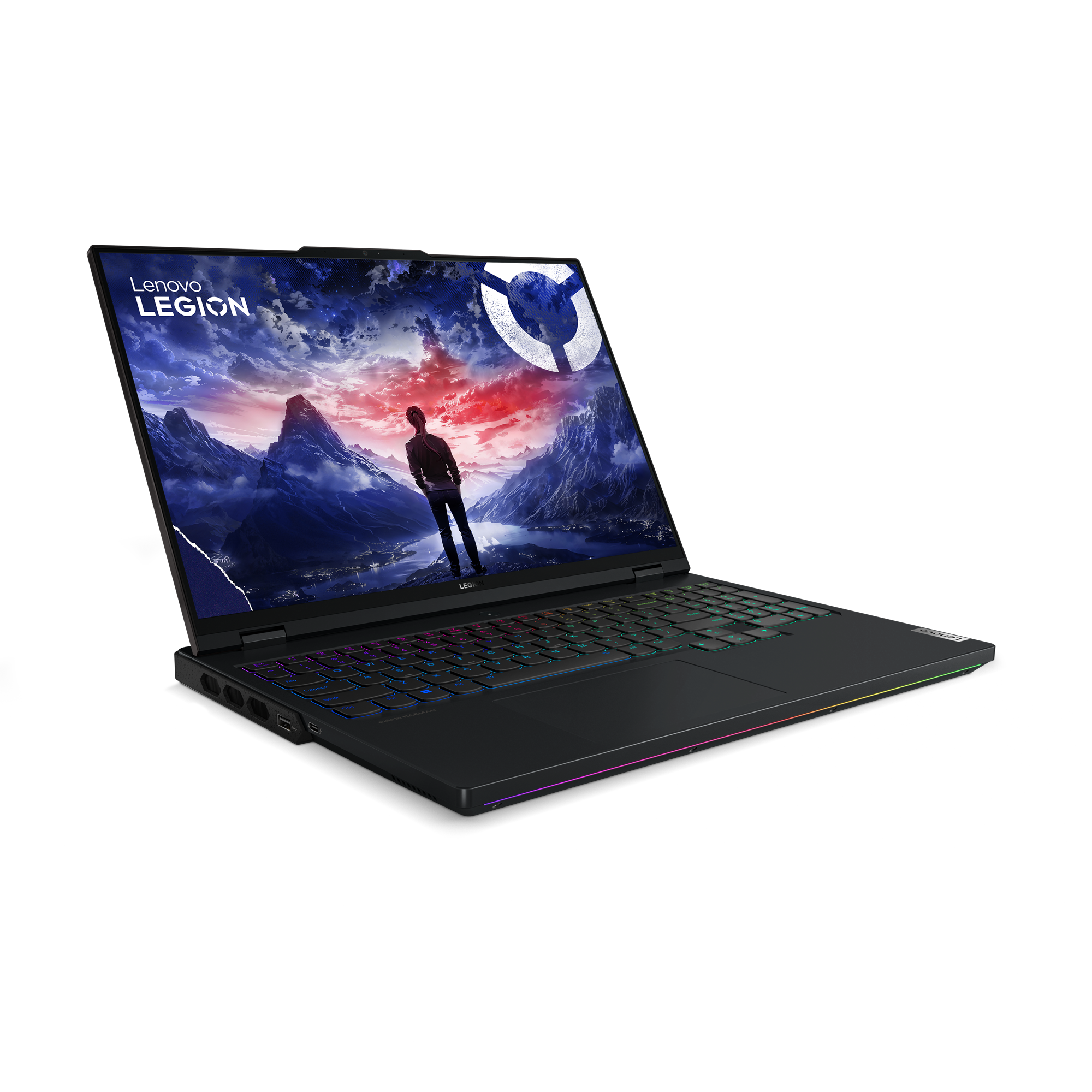 Siyah Lenovo Legion dizüstü bilgisayar, renkli klavye ve siyah zemin.