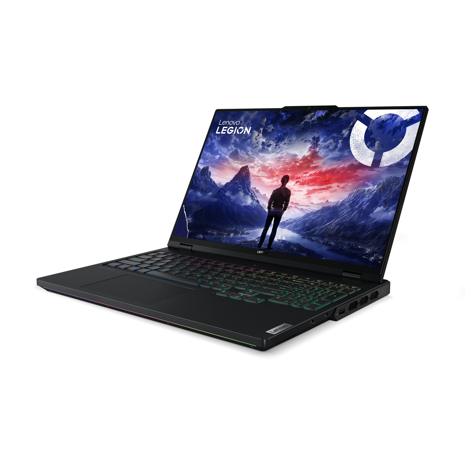 Siyah Lenovo Legion dizüstü bilgisayar, açık, figürlü bir manzara gösteriyor.