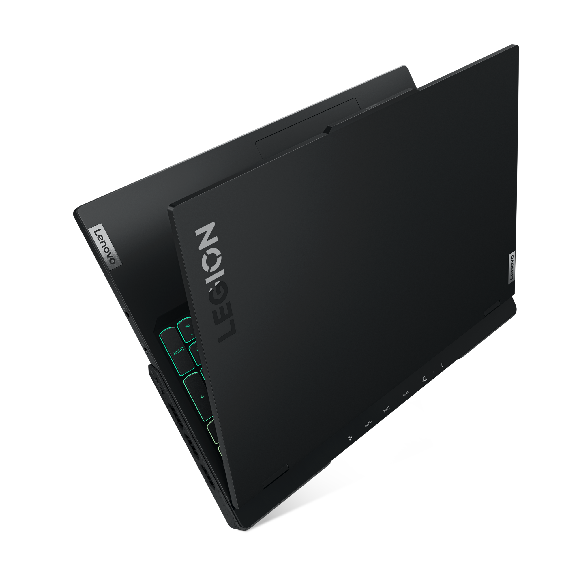 Siyah bir Lenovo Legion dizüstü bilgisayar, açılı olarak açık, Legion logosunu gösteriyor.