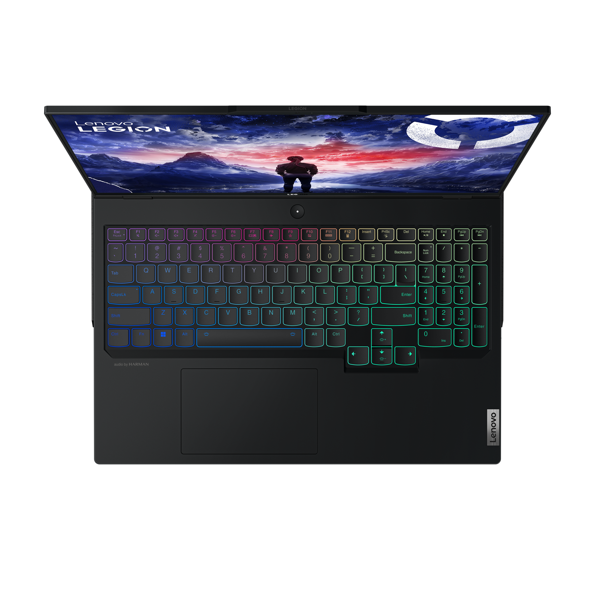 Çoklu renklerde aydınlatılmış klavyesi olan bir Lenovo Legion dizüstü bilgisayar.