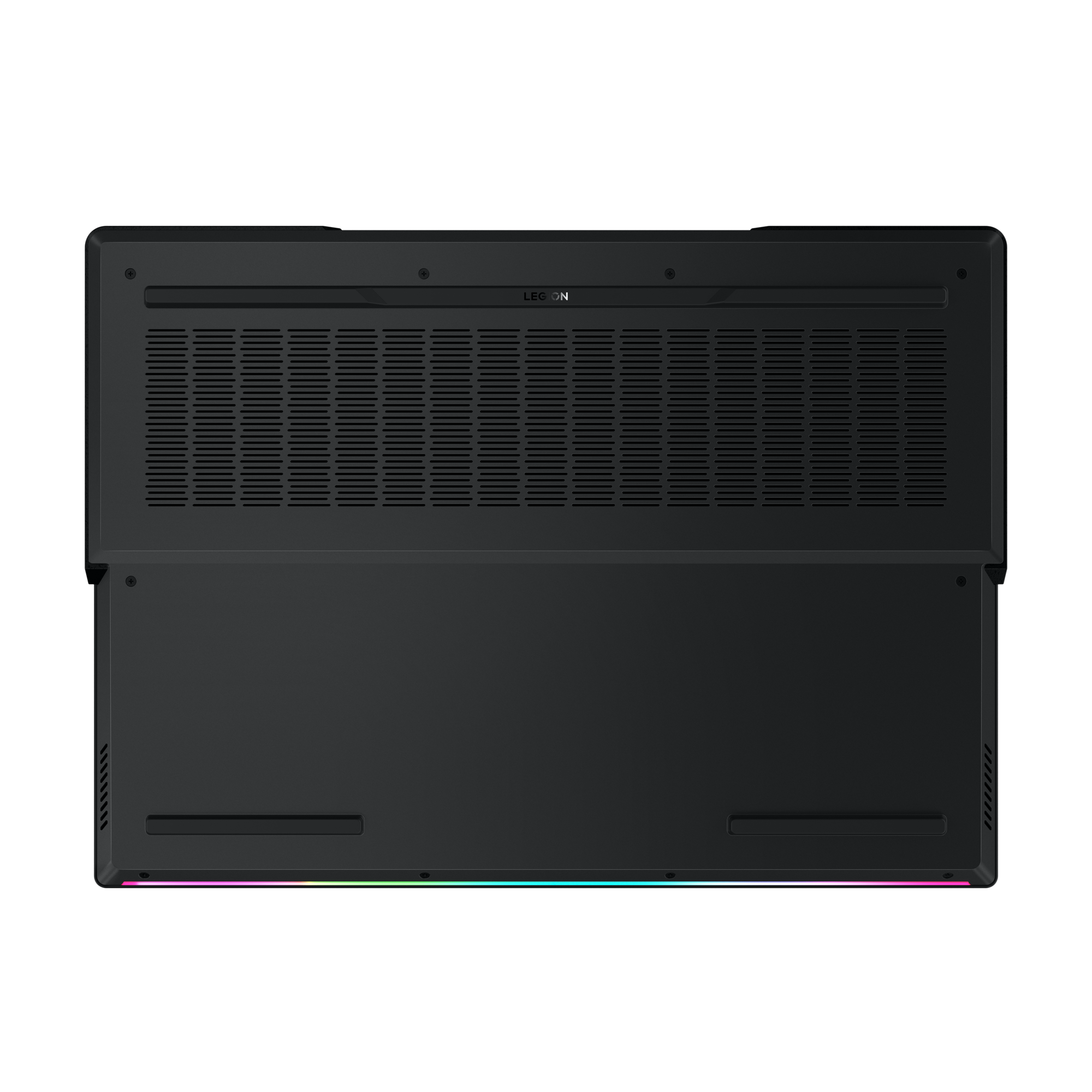 Siyah dizüstü bilgisayarın alt kısmı, havalandırma delikleri, Legion logosu ve RGB ışıkları.