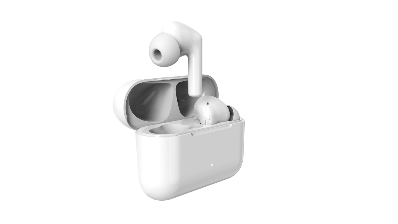 Weiße kabellose Ohrhörer und Ladecase auf schwarzem Hintergrund. Ein Ohrhörer ist außerhalb des Cases.