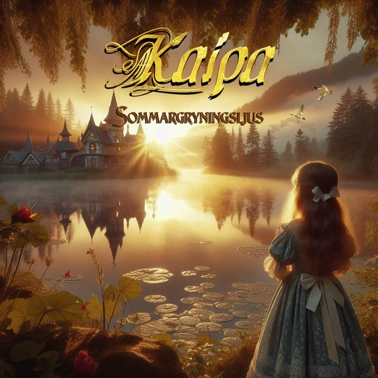 Eine Illustration einer Landschaft mit einem Mädchen, einem See und einem Schloss. Der Text ist golden.
