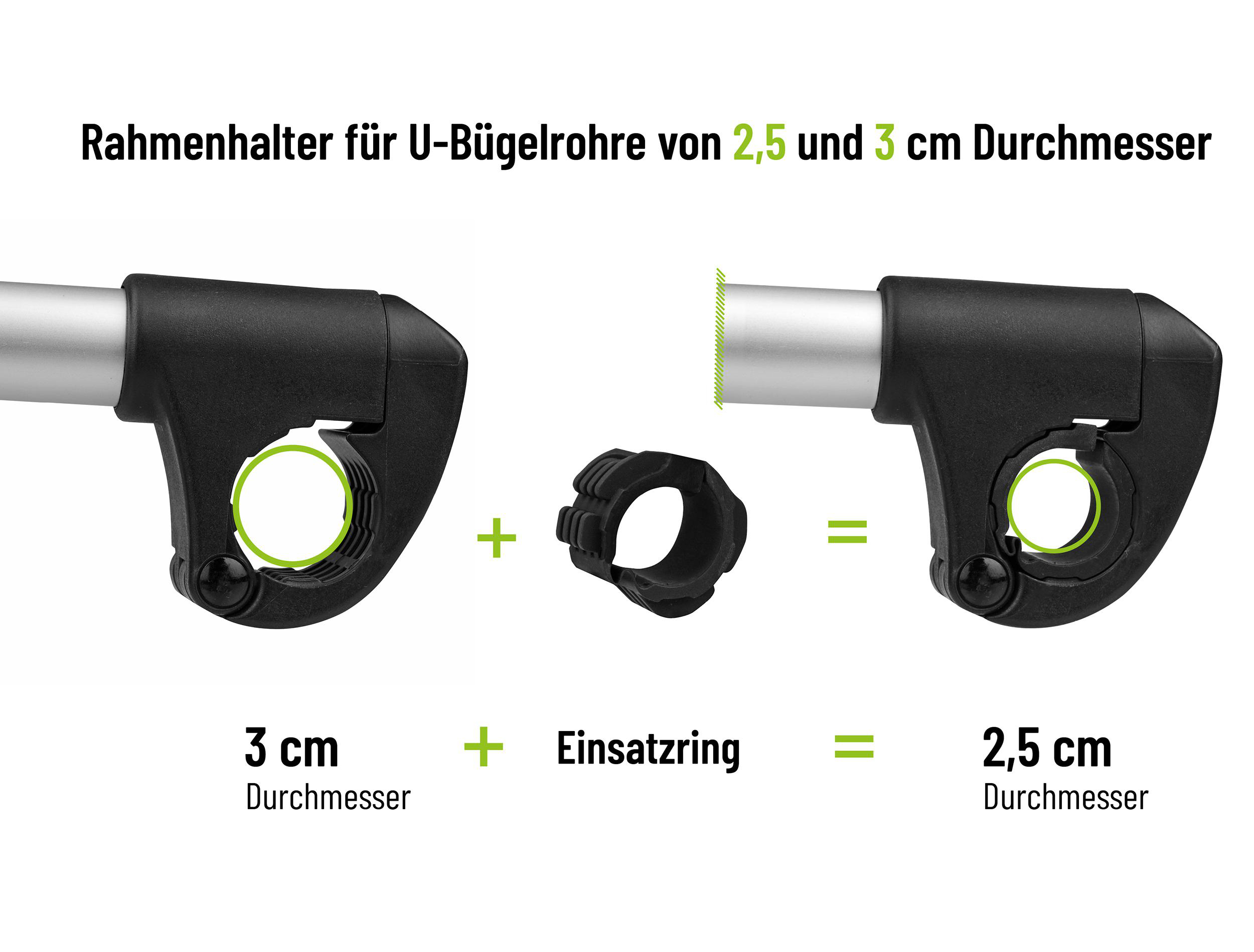 Fahrradteilhalter. Einer für 3 cm, einer mit Einsatz für 2,5 cm Durchmesser-Rohre.