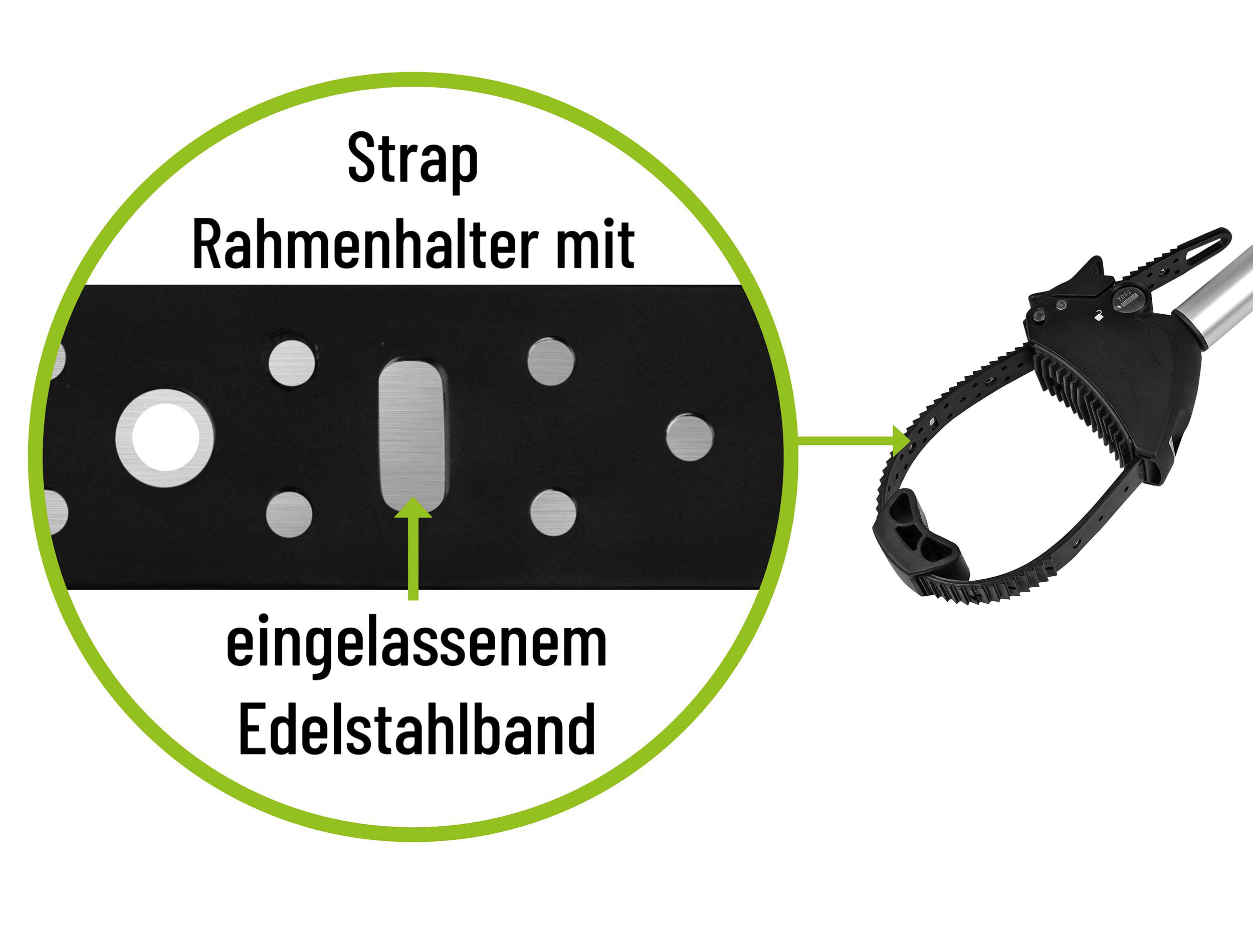 Nahaufnahme zeigt einen schwarzen Riemen mit Metallplatte und schwarzem Clip.