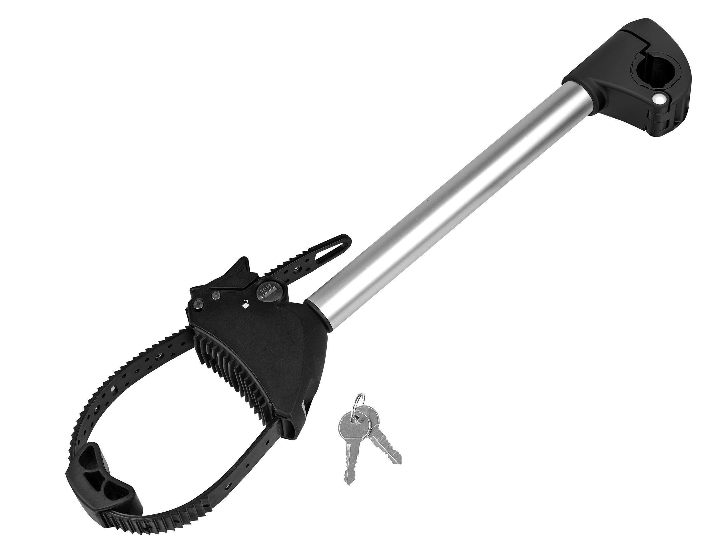 Fahrradträger mit schwarzem Verriegelungsmechanismus, silberner Stange und zwei Schlüsseln.