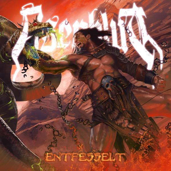 Albumcover mit einem muskulösen Mann, der gegen eine Schlange kämpft, mit rotem und weißem Text.