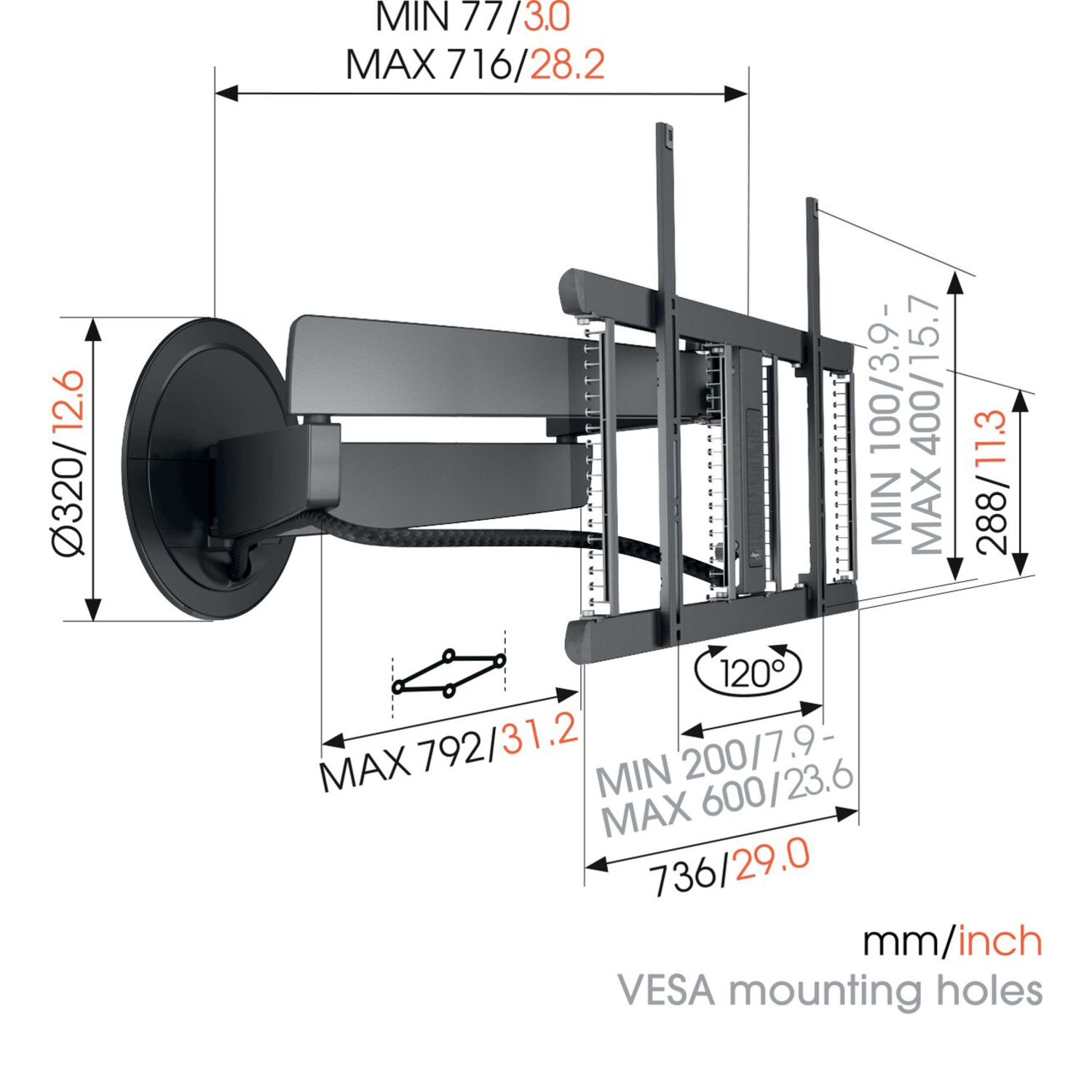 Diagram of a TV wall mount with dimensions in mm/inch. Angles and measurements are labeled.