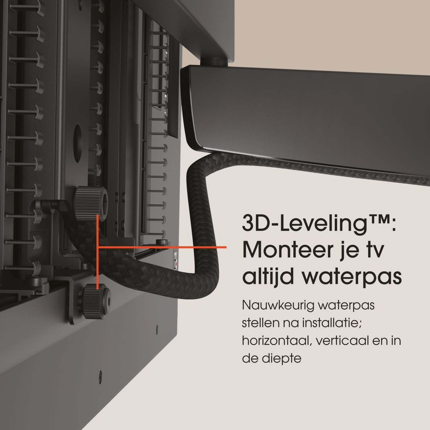 Close-up view of a wall mount with text. Leveling system is installed.