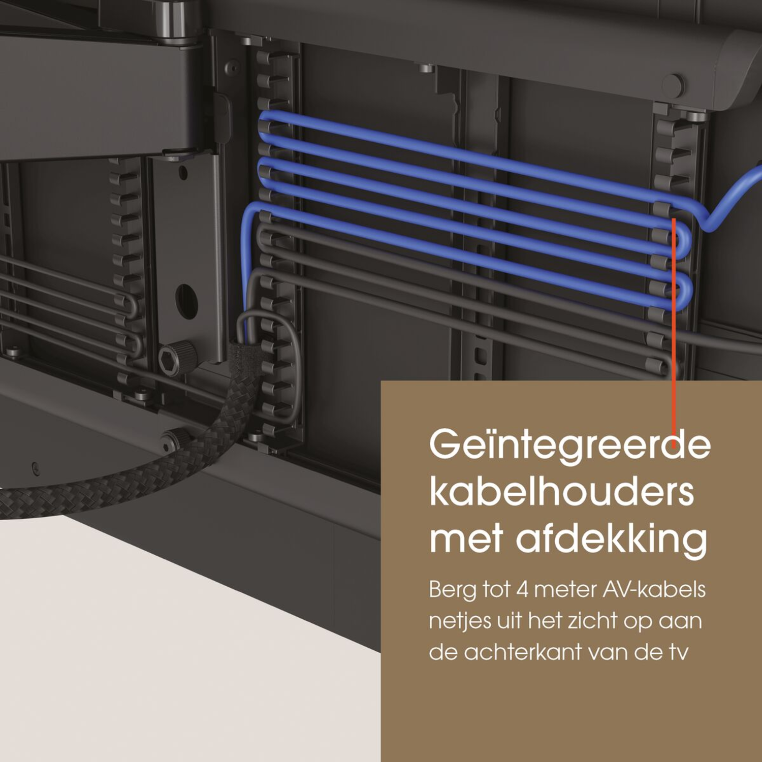 Black metal frame with blue and gray cables. Text: "Geïntegreerde kabelhouders met afdekking".