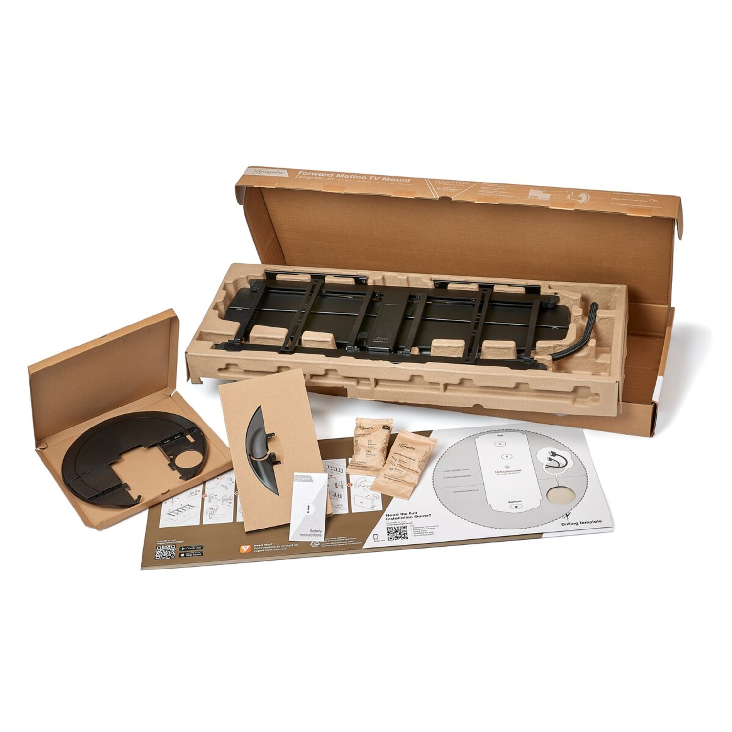 TV mount kit with cardboard packaging and various parts, including a mounting bracket and instructions.