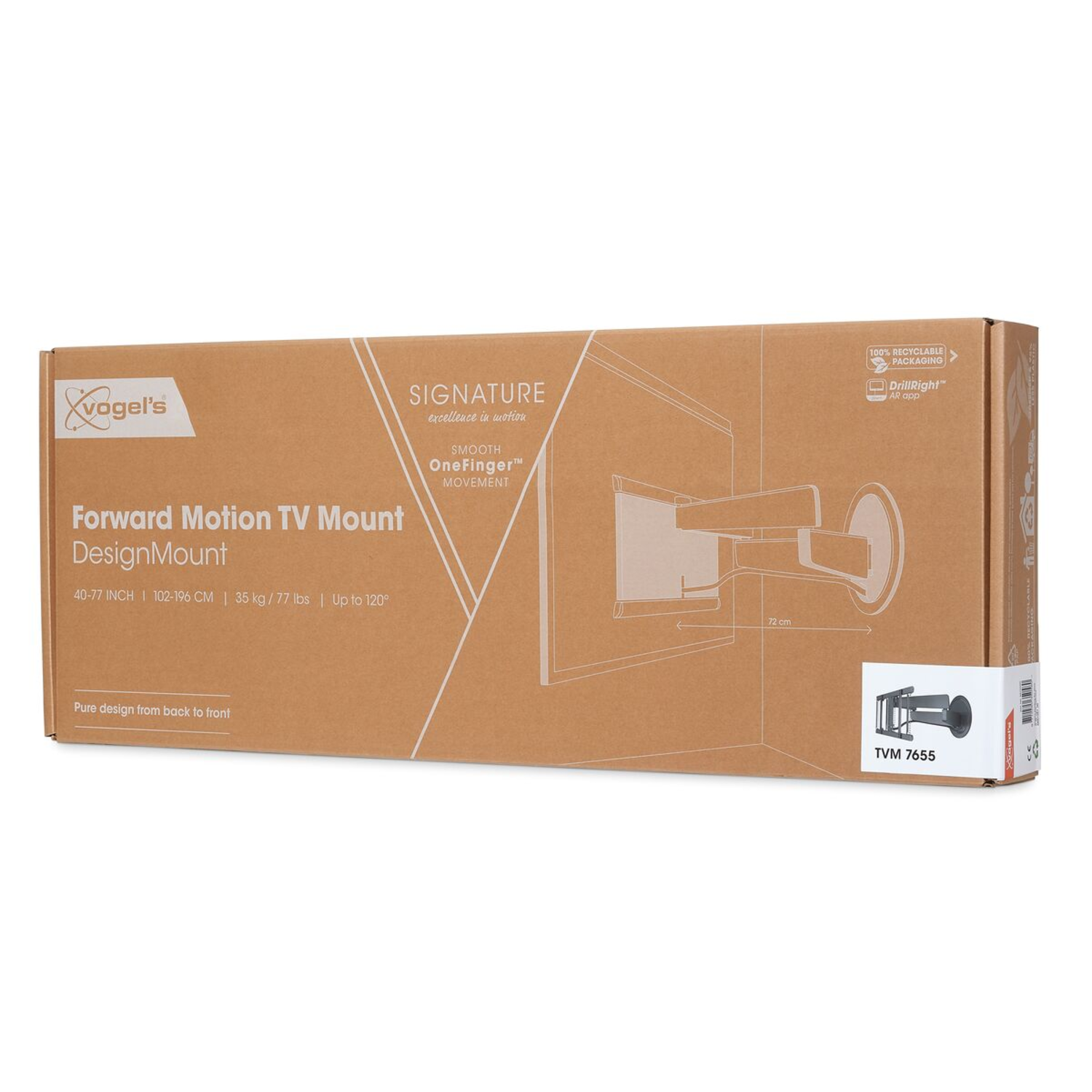 Cardboard box with product details of a TV mount. It has the brand name and features.