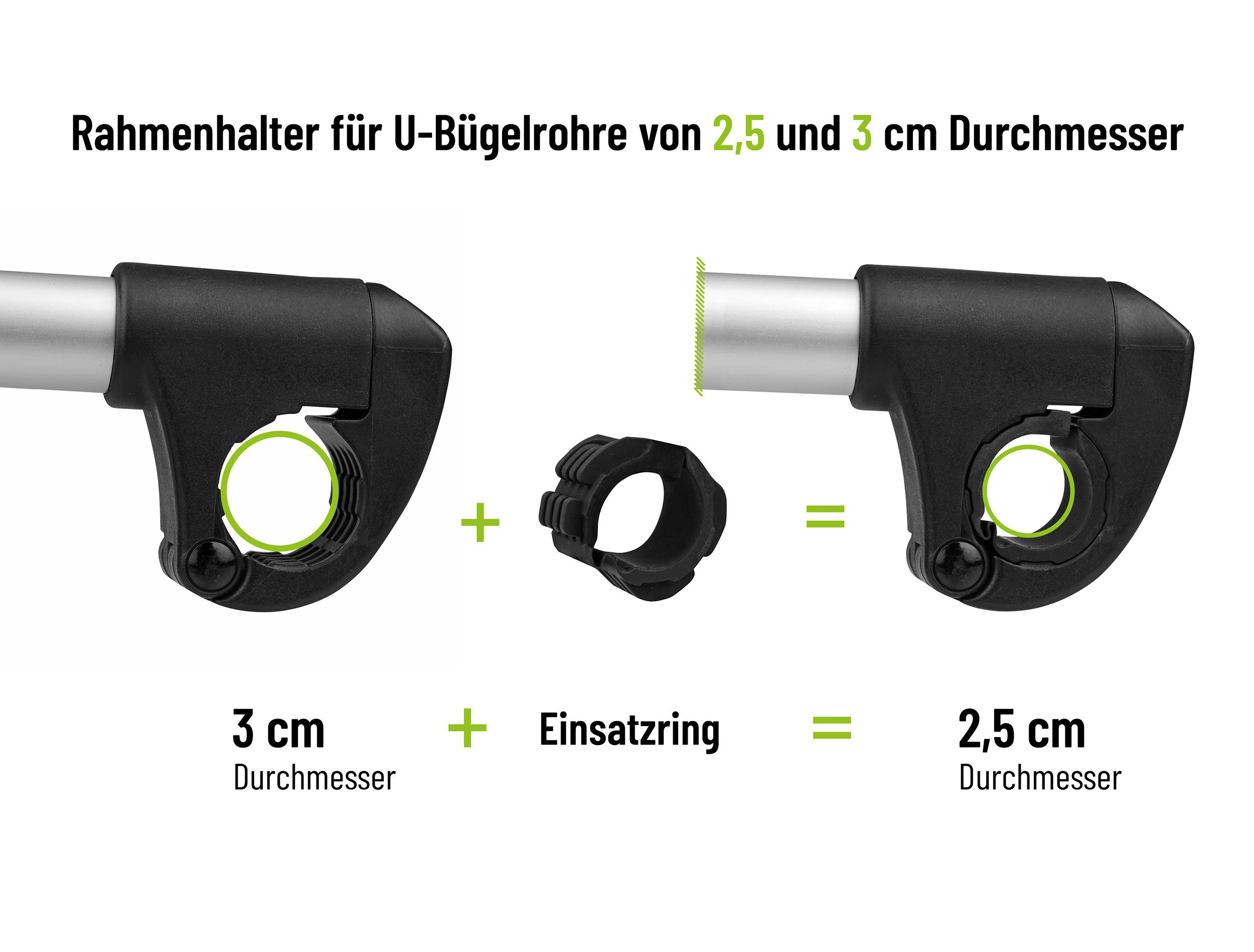 Diagramm eines Rahmenhalters für U-förmige Rohre mit 2,5 und 3 cm Durchmesser.