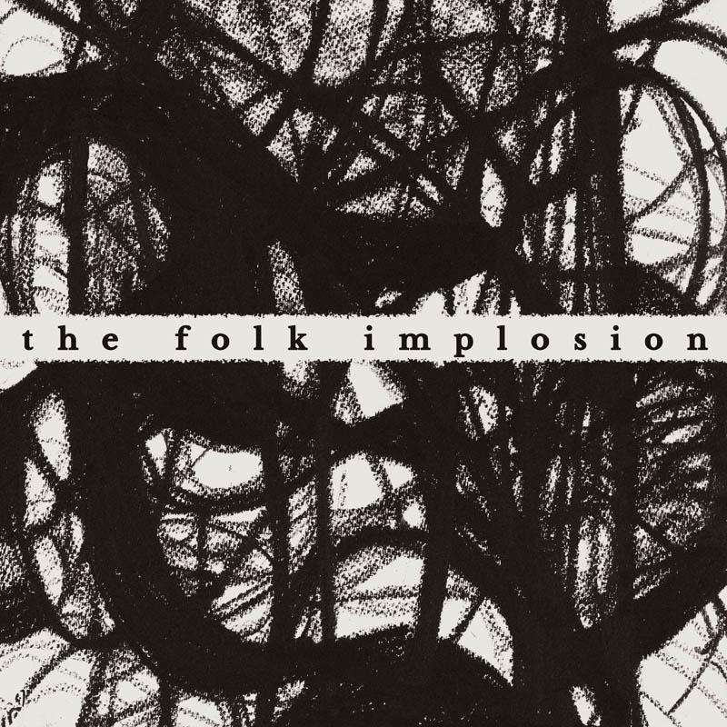 Abstrakte Kunst: Schwarze Kritzeleien und die Worte 'the folk implosion' auf weißem Hintergrund.