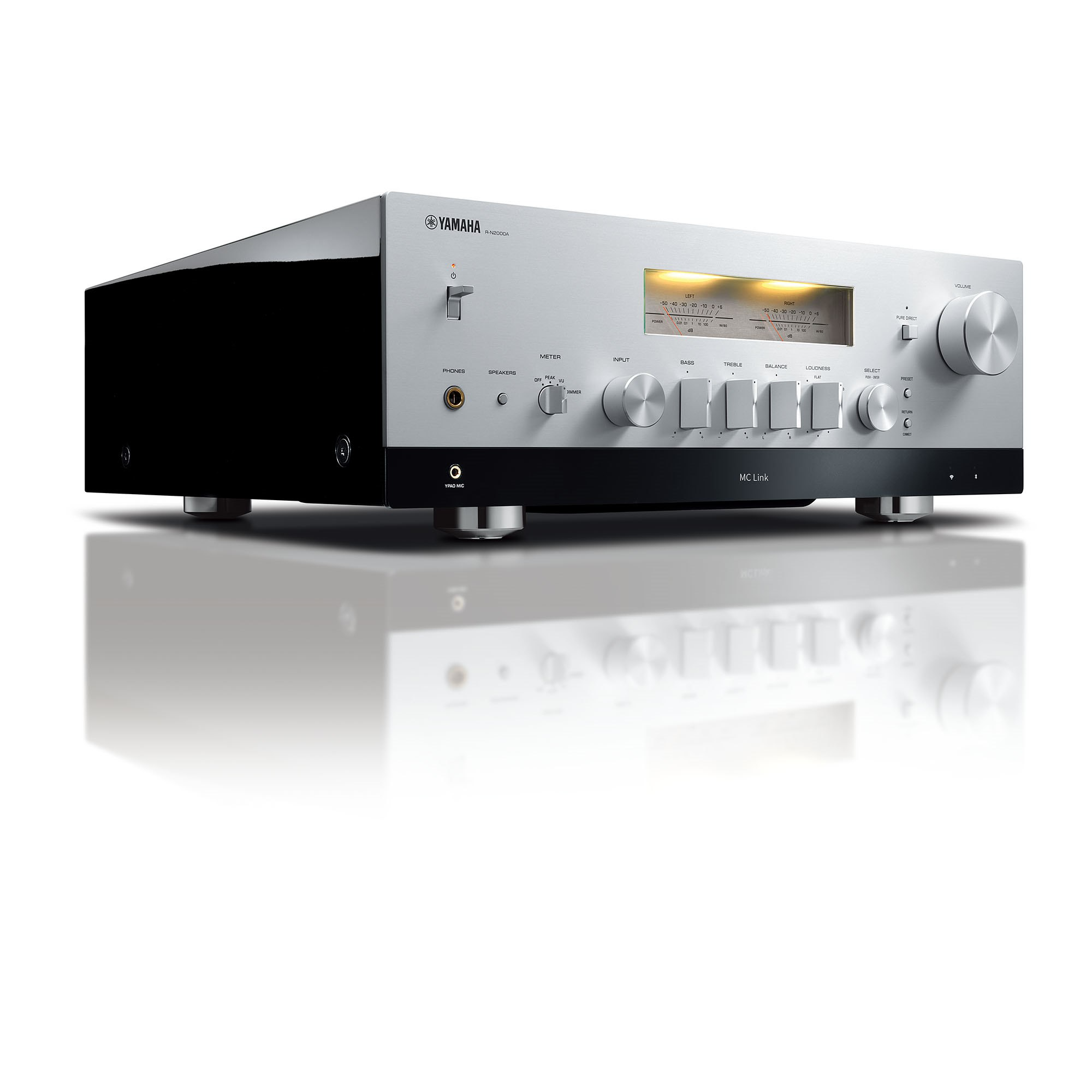Yamaha Stereo-Verstärker mit silberner Front, schwarzer Oberseite und verschiedenen Knöpfen.