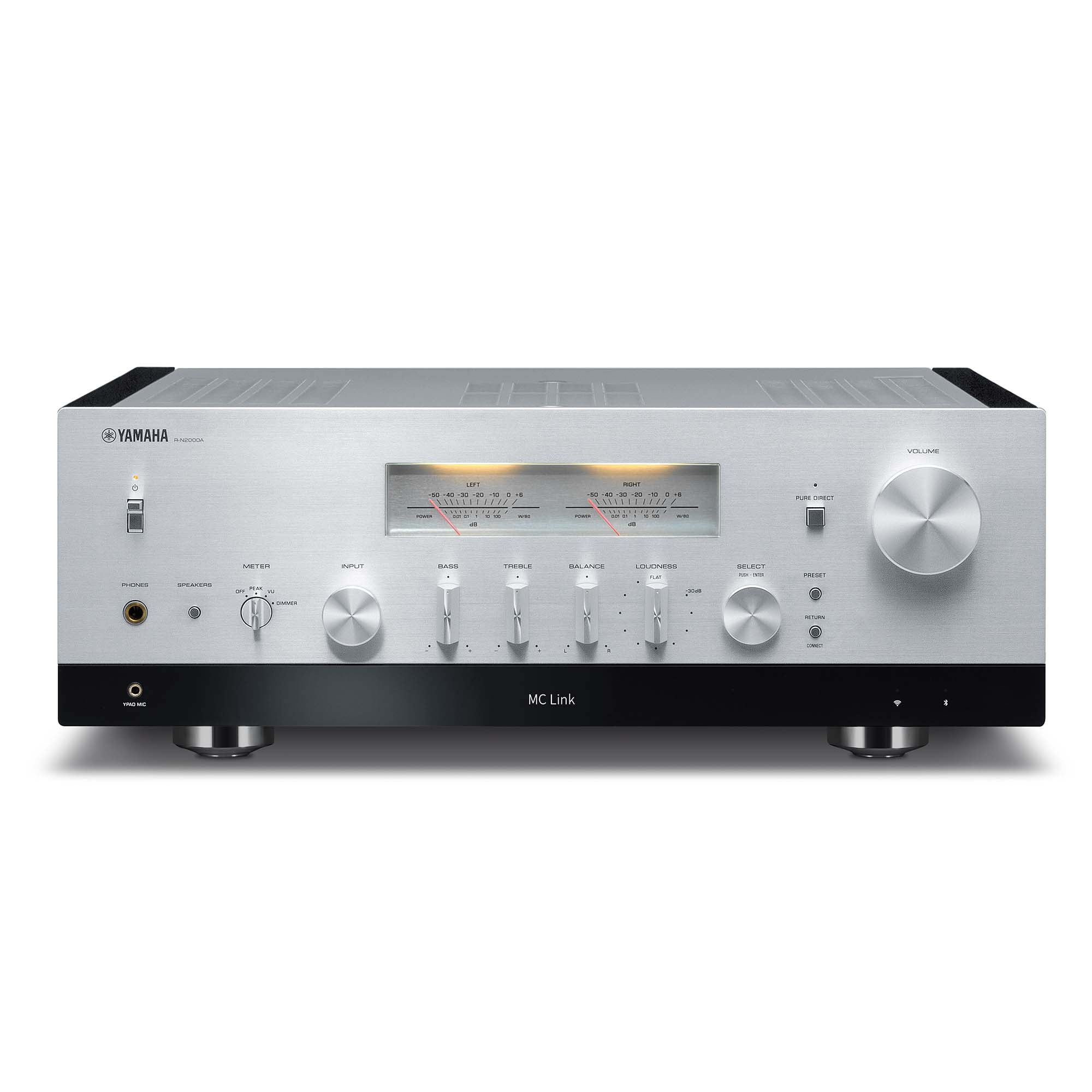 Silberner Yamaha-Stereo-Receiver mit Knöpfen, Schaltern und Display.