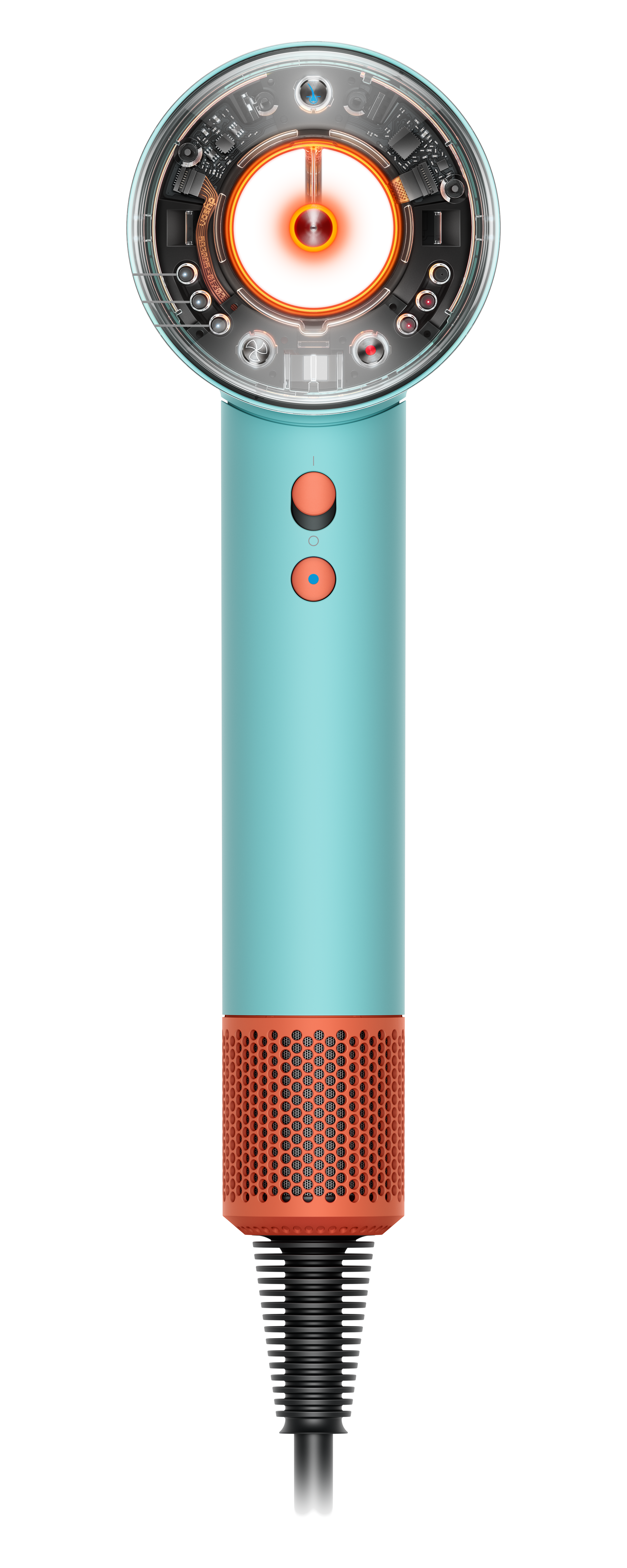 Ein türkis-oranges Dyson-Haartrockner, aufgeschnitten, um Innenteile zu zeigen.