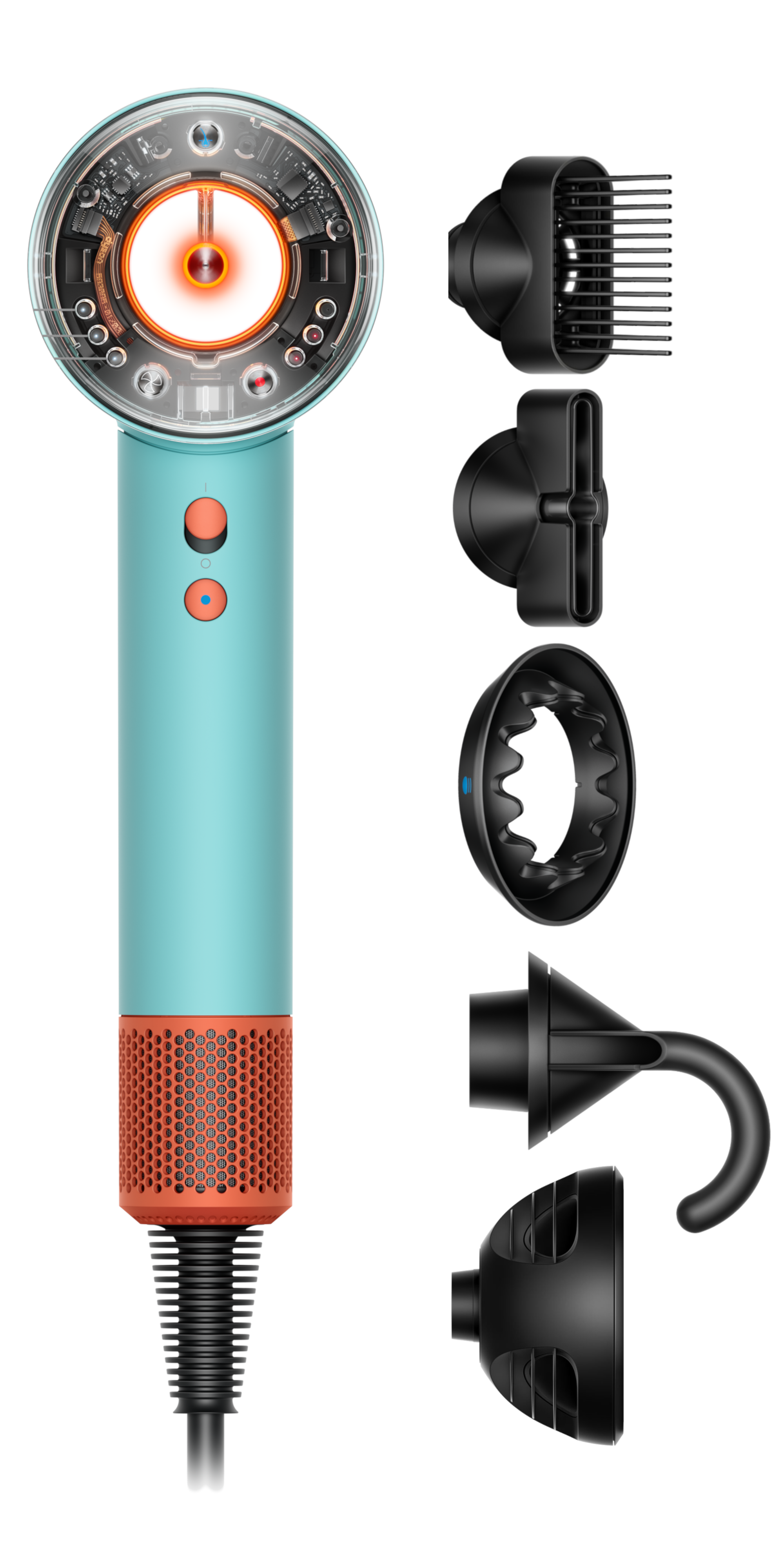 Ein türkisfarbener und orangefarbener Haartrockner und seine Aufsätze. Mehrere schwarze Aufsätze rechts.