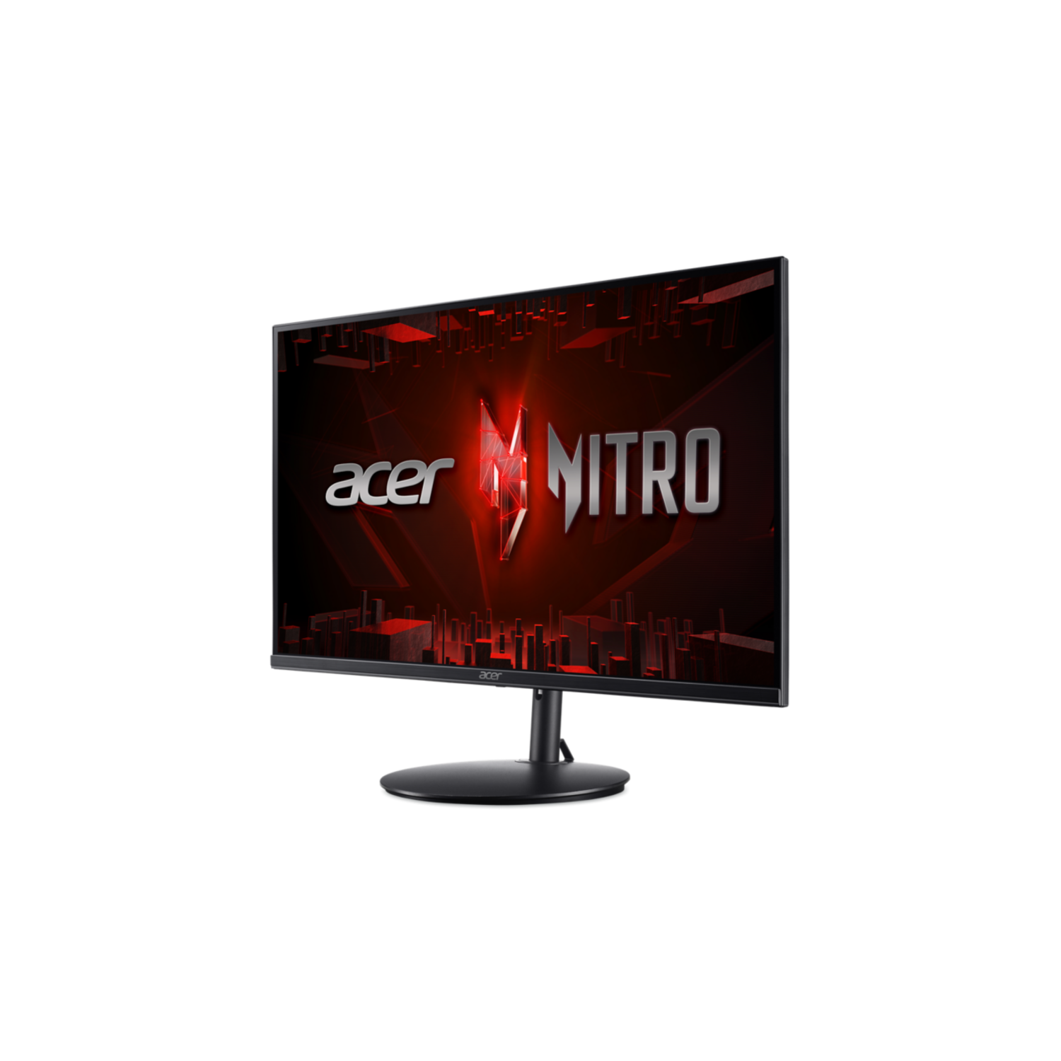 Acer Nitro monitor with the Acer and Nitro logos on a red background, set against a black backdrop.