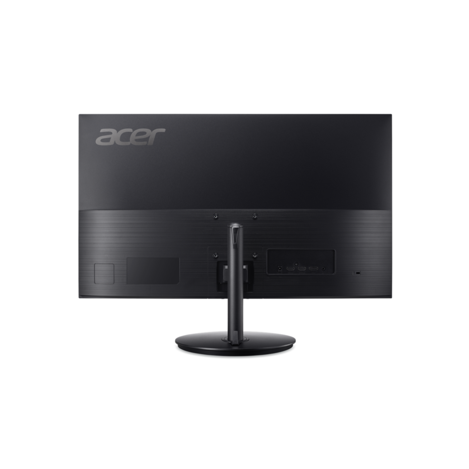 Rear view of a black Acer monitor, black background.