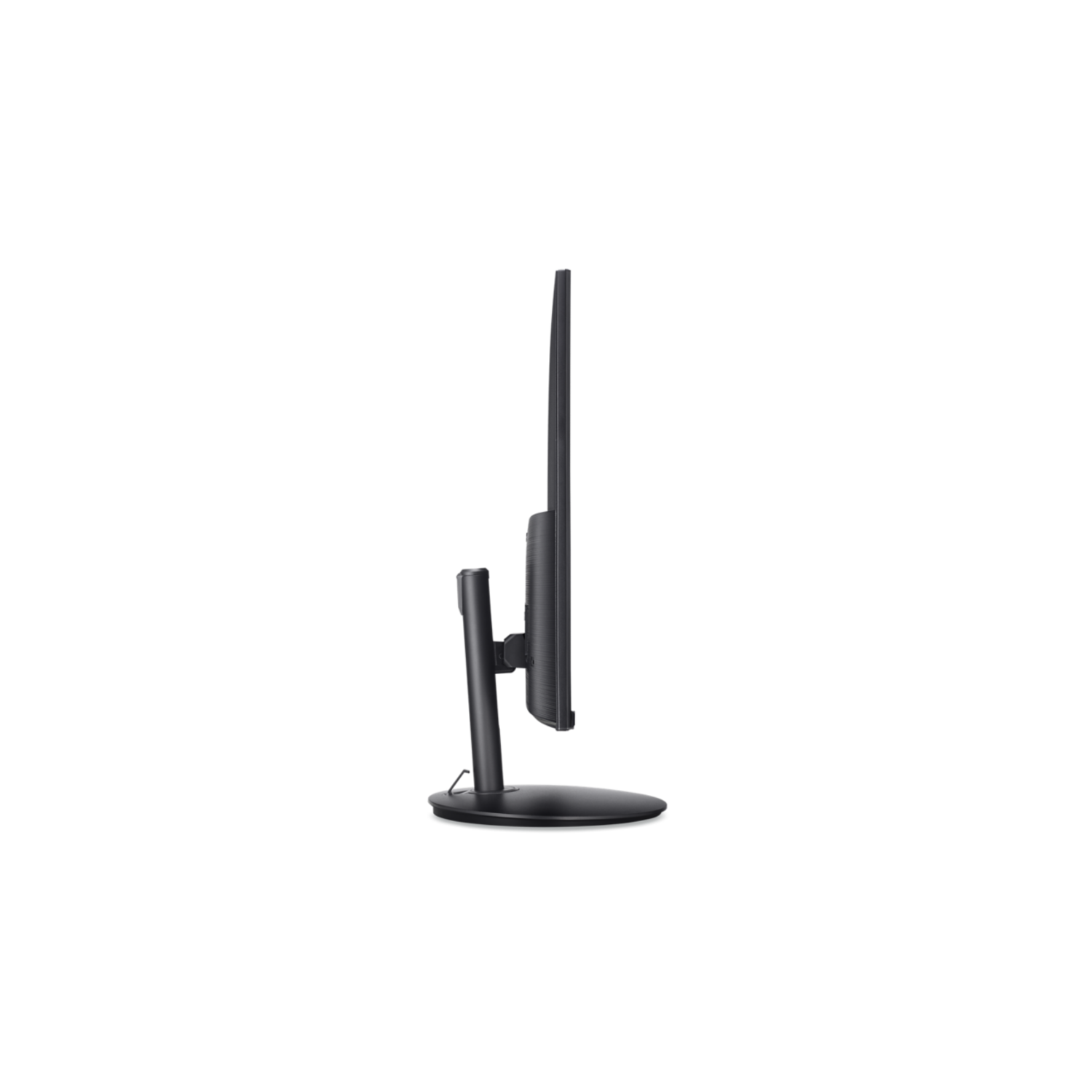 A side view of a black computer monitor with a stand. The screen is thin and rectangular.