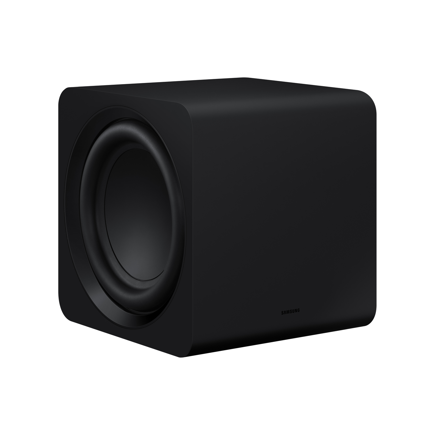 A black subwoofer. The front has a large circular opening.