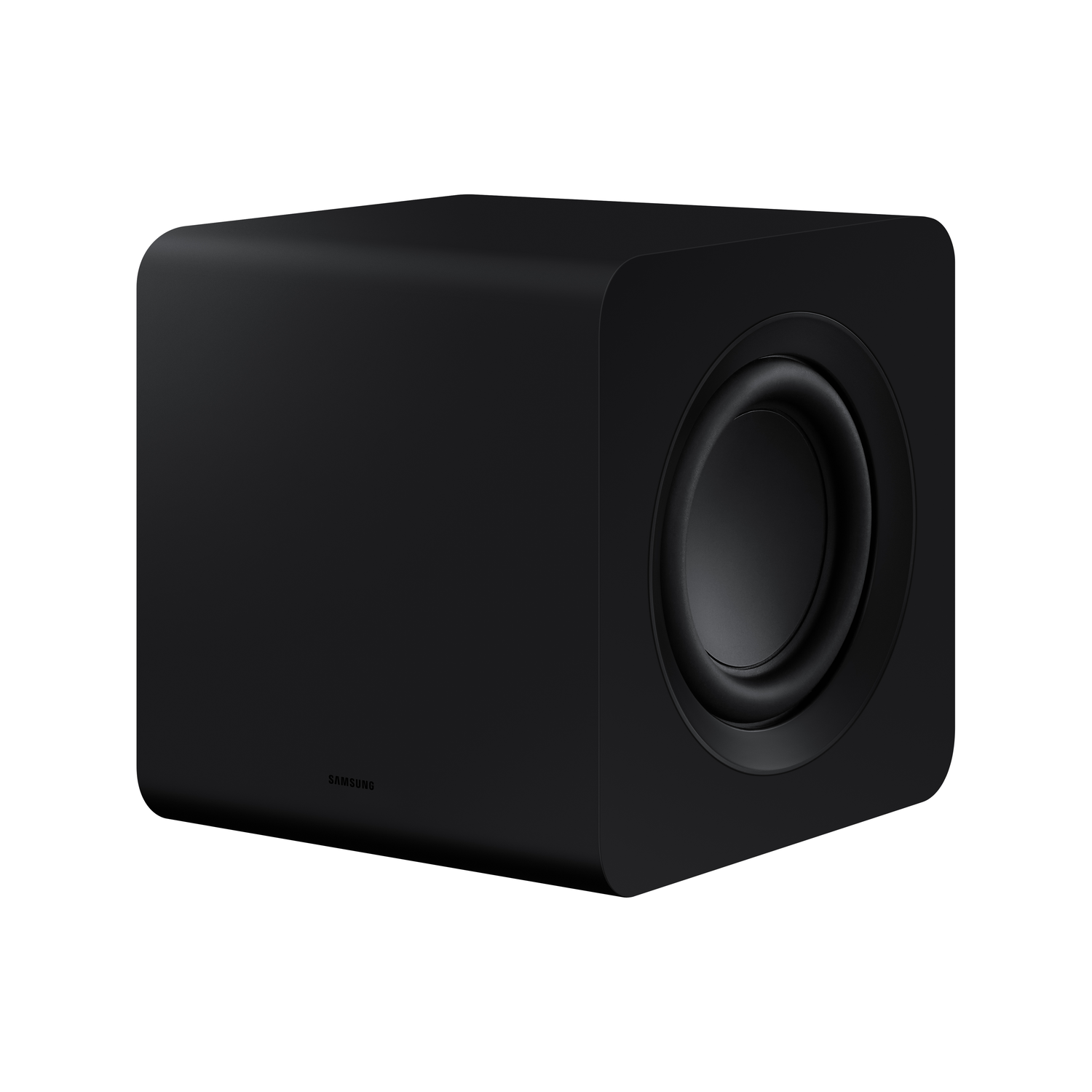 A black subwoofer with a rounded design, positioned against a white background.