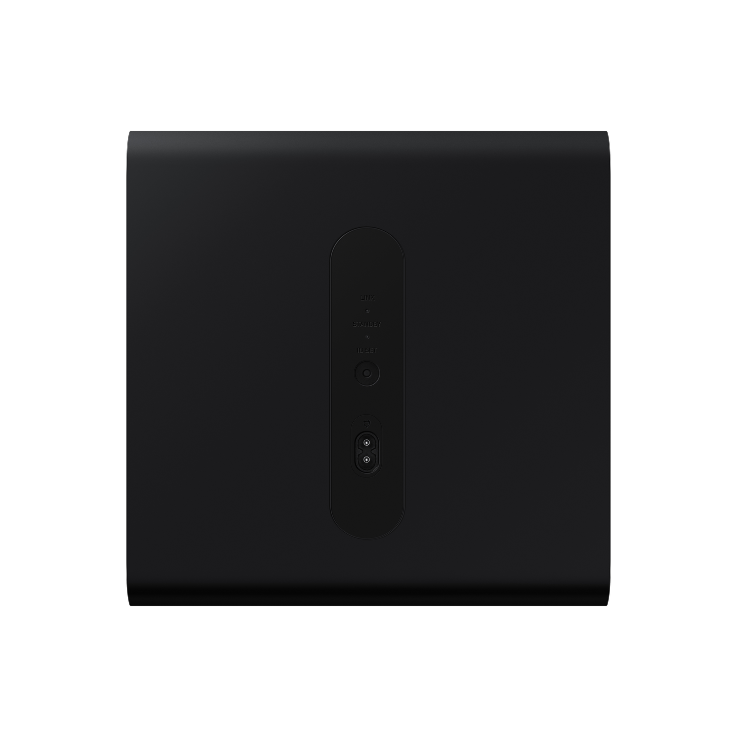 A black, rectangular subwoofer with buttons and ports on the back, against a white background, showing details.