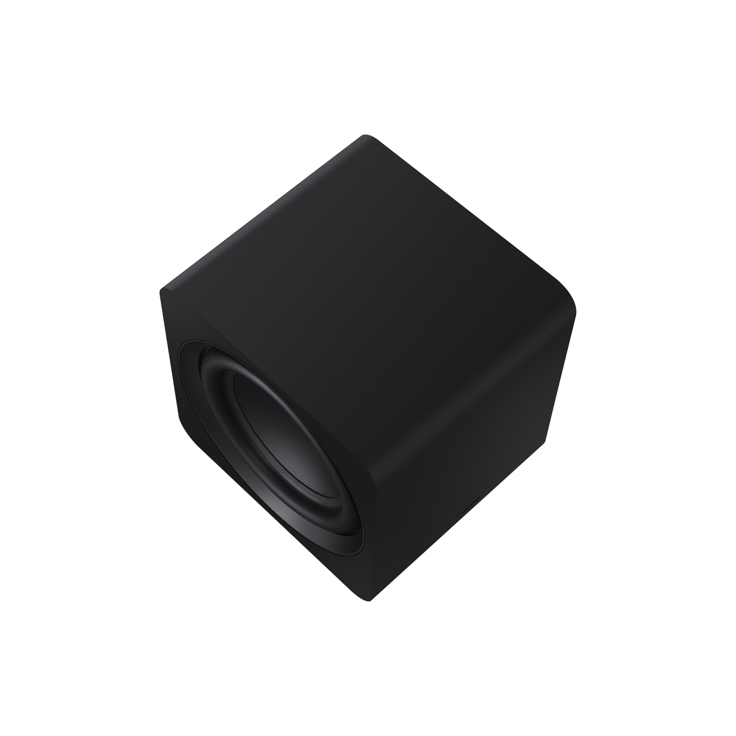 Black subwoofer on white background. Front facing, with a large circular speaker opening.
