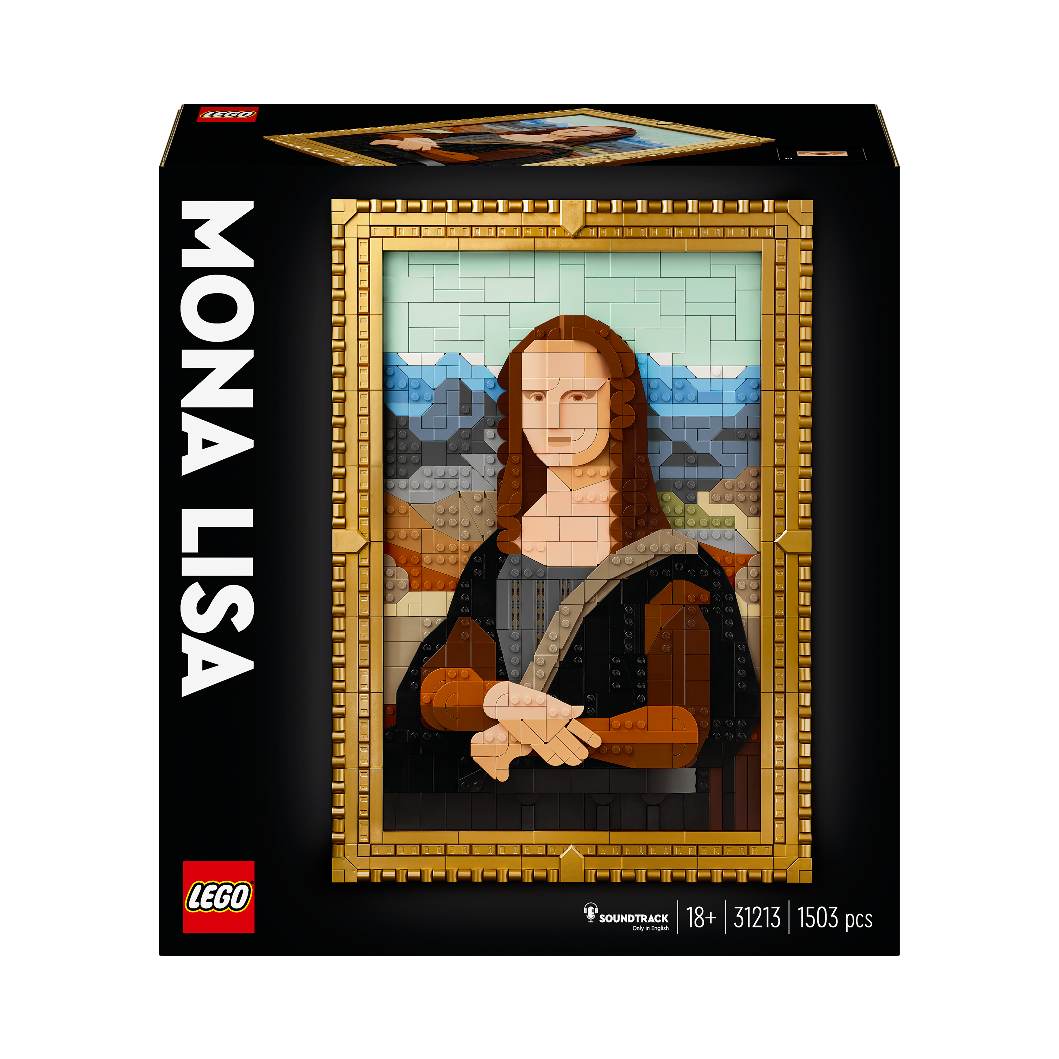 Lego-Box-Set des Mona-Lisa-Gemäldes, mit dem Lego-Logo und den Worten 'MONA LISA'.