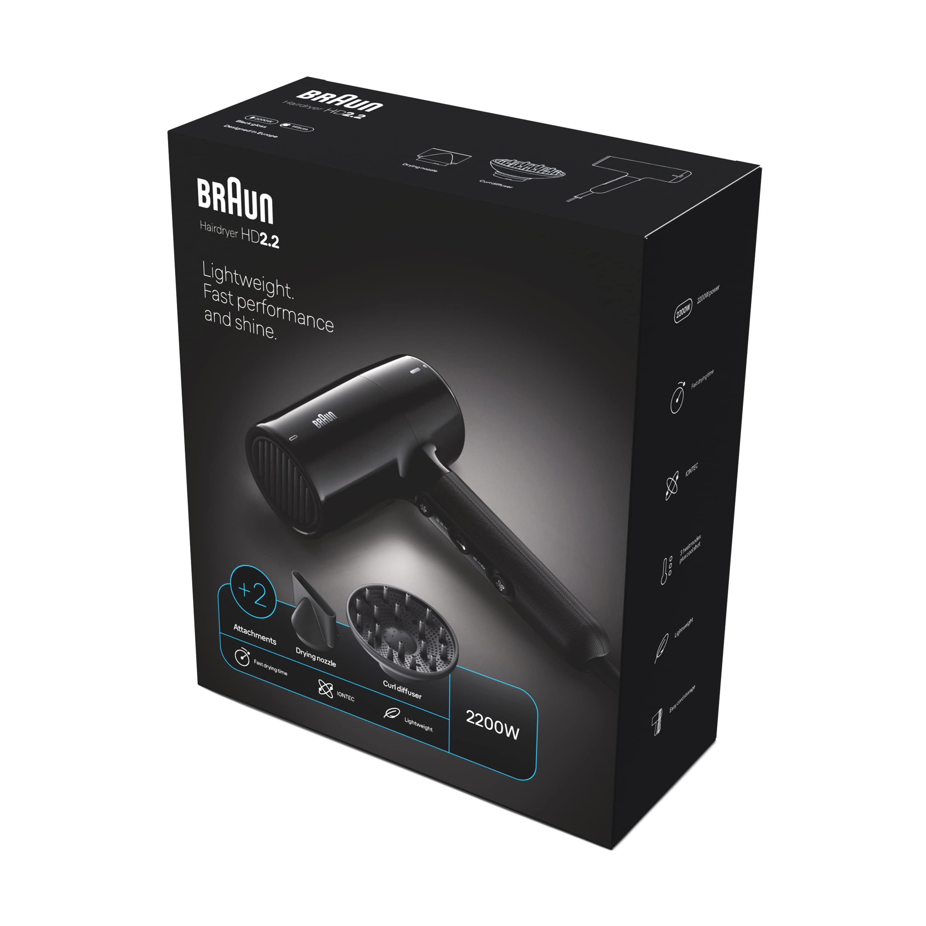 Bir saç kurutma makinesi görüntüsü ve 'Braun Hairdryer Ht22' yazılı siyah bir kutu. Beyaz zemin.