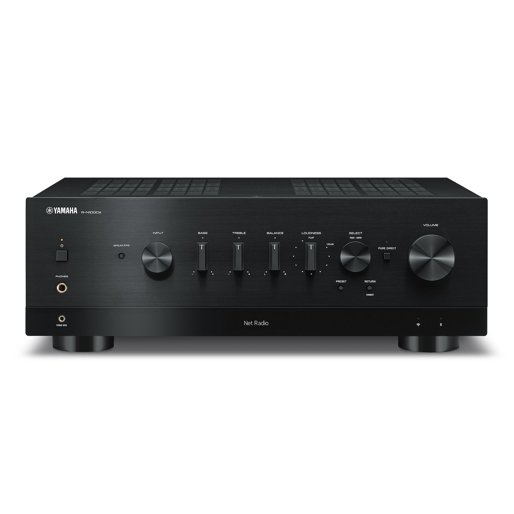Ein schwarzer Yamaha Stereo-Receiver mit verschiedenen Knöpfen und Tasten. Es ist Net Radio beschriftet.