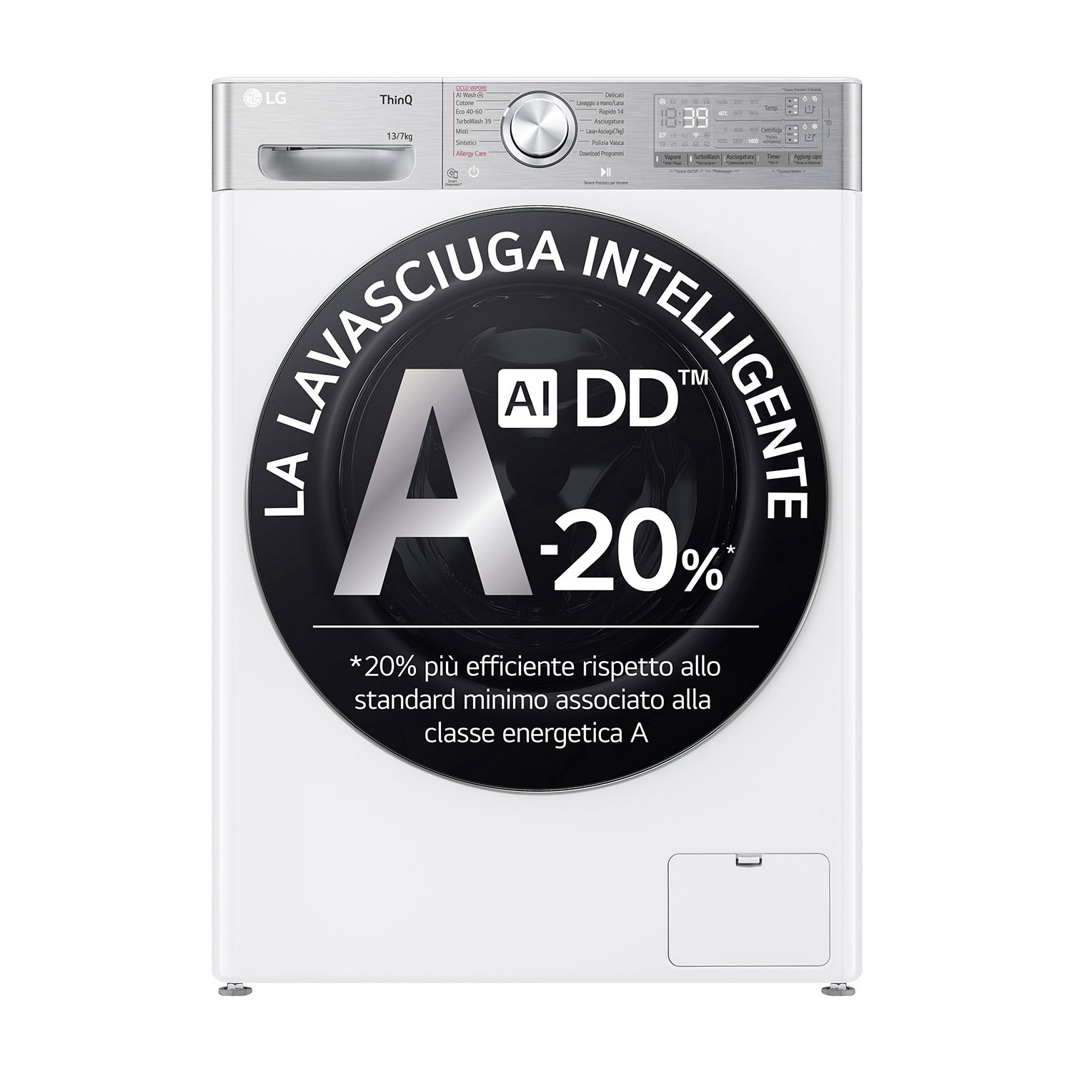 Lavatrice LG bianca con testo e pulsanti. Design moderno, sfondo bianco.