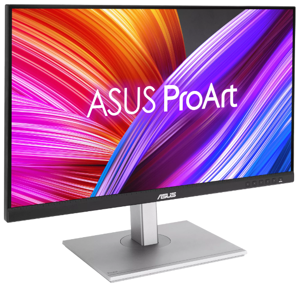 Monitor ze srebrną podstawą i kolorowym, abstrakcyjnym tłem.