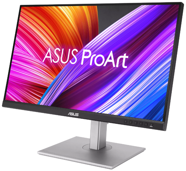 Monitor ASUS ProArt, czarna ramka i srebrna podstawa. Wyświetla kolorowy abstrakcyjny wzór.