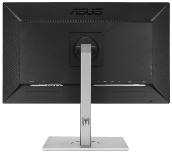 Tył czarnego monitora ASUS ze srebrną podstawą i różnymi portami na dole.