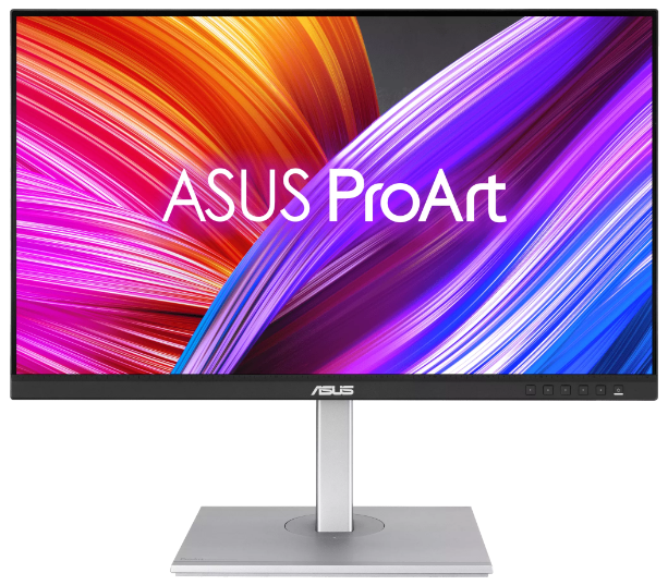 Monitor ASUS ProArt. Srebrna podstawa i stojak. Wyświetlacz pokazuje kolorową sztukę abstrakcyjną.