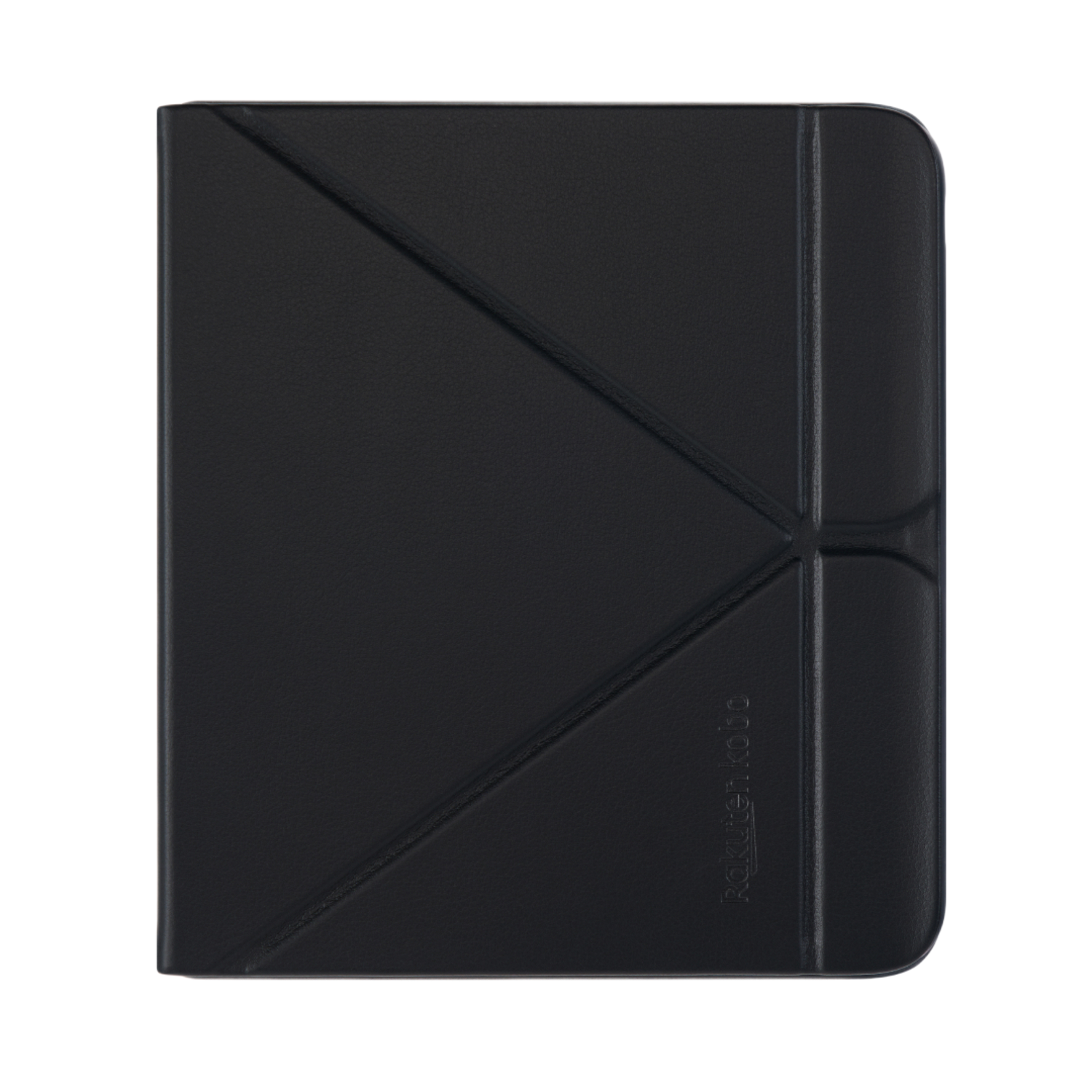 Housse de tablette noire. Logo Rakuten Kobo en relief. Comporte un motif diagonal.