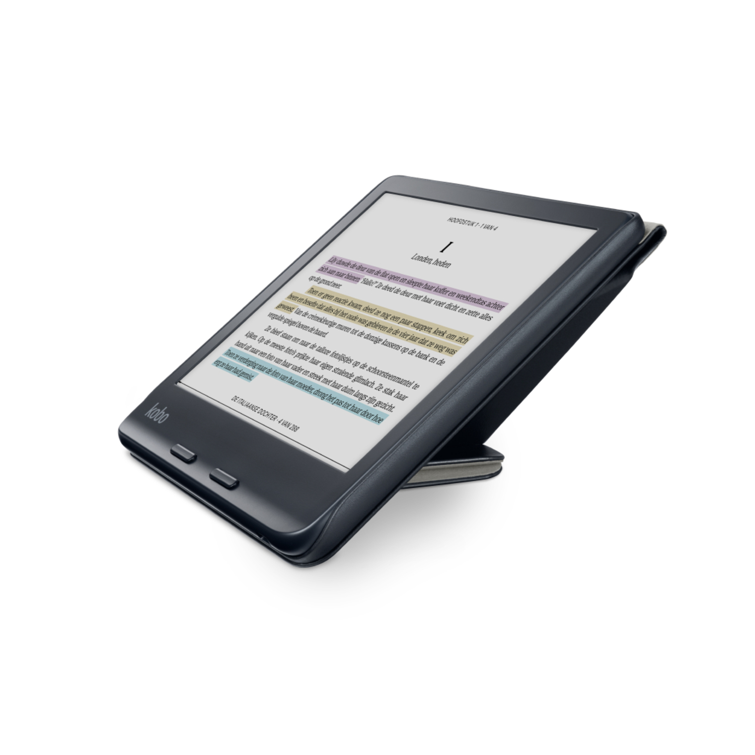 E-reader op een standaard, met tekst met gemarkeerde secties, zwart met hoes.