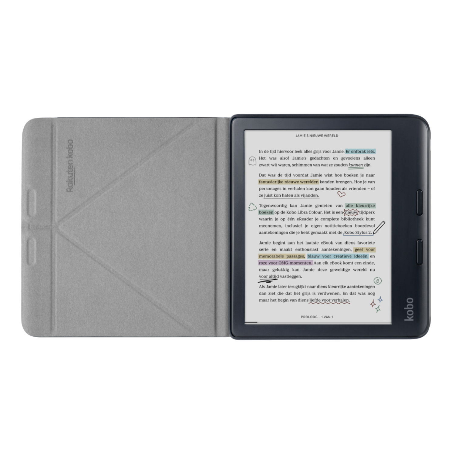 E-reader met een grijze hoes en tekst op het scherm. De hoes is open.