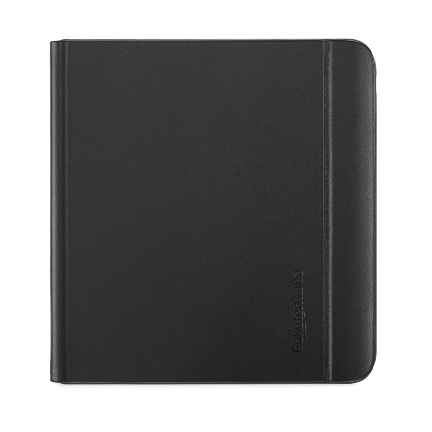Housse de tablette noire avec le logo Rakuten Kobo. Présente un design simple et élégant. Fond noir.