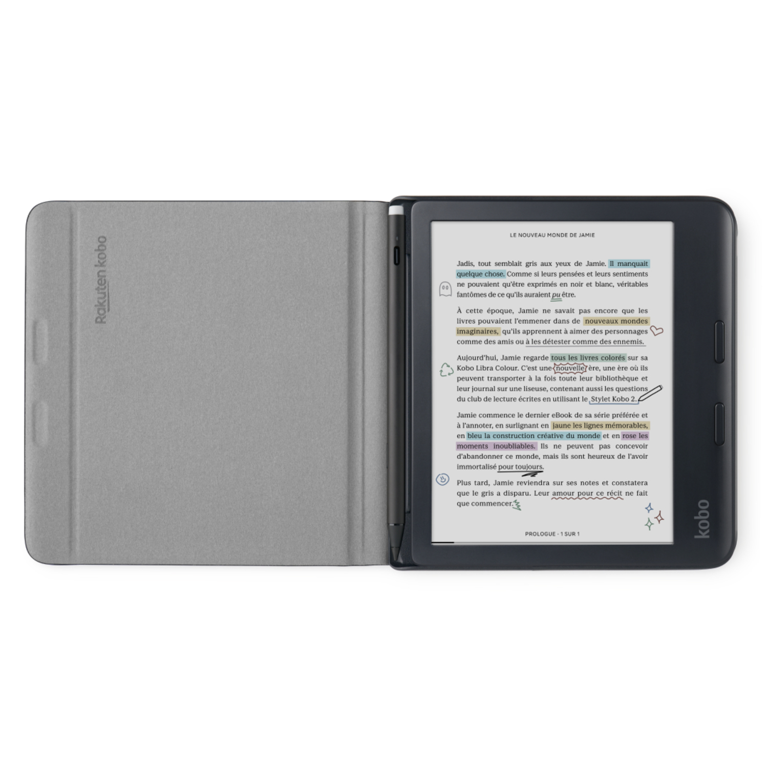 Liseuse Kobo ouverte avec un livre affiché. Elle est dans un étui de protection gris.