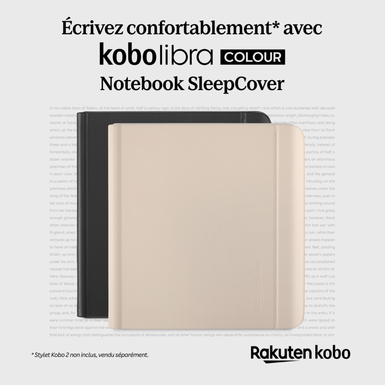 Une couverture de livre avec texte et logo Rakuten Kobo, schéma de couleurs crème et noir.
