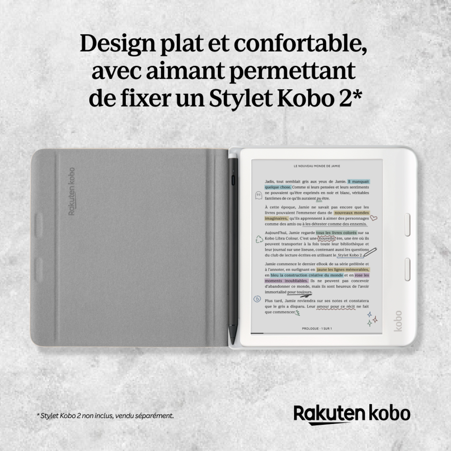 Une liseuse blanche avec une couverture grise et un stylet, affichant du texte.