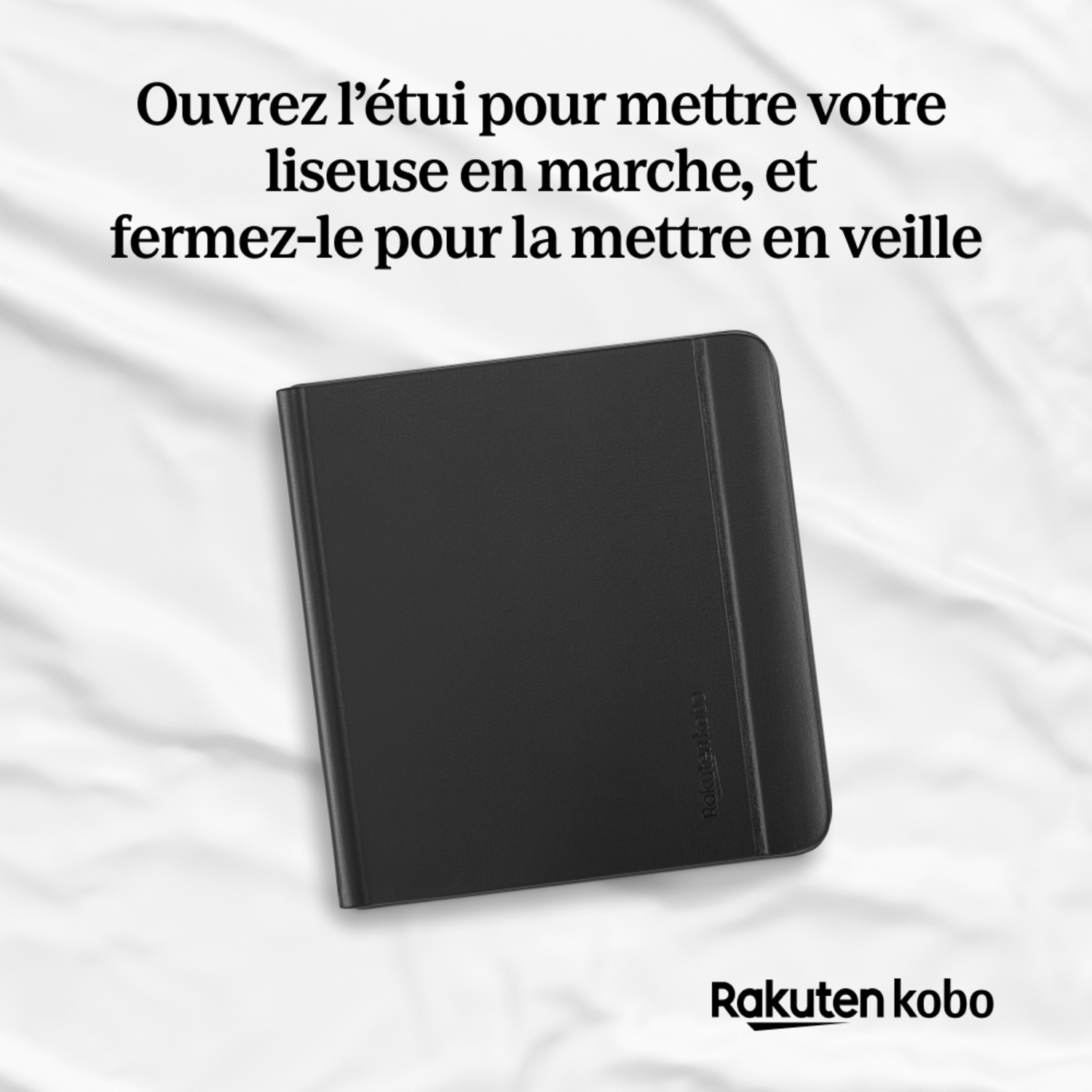 Étui de liseuse noir avec texte. Fond blanc.