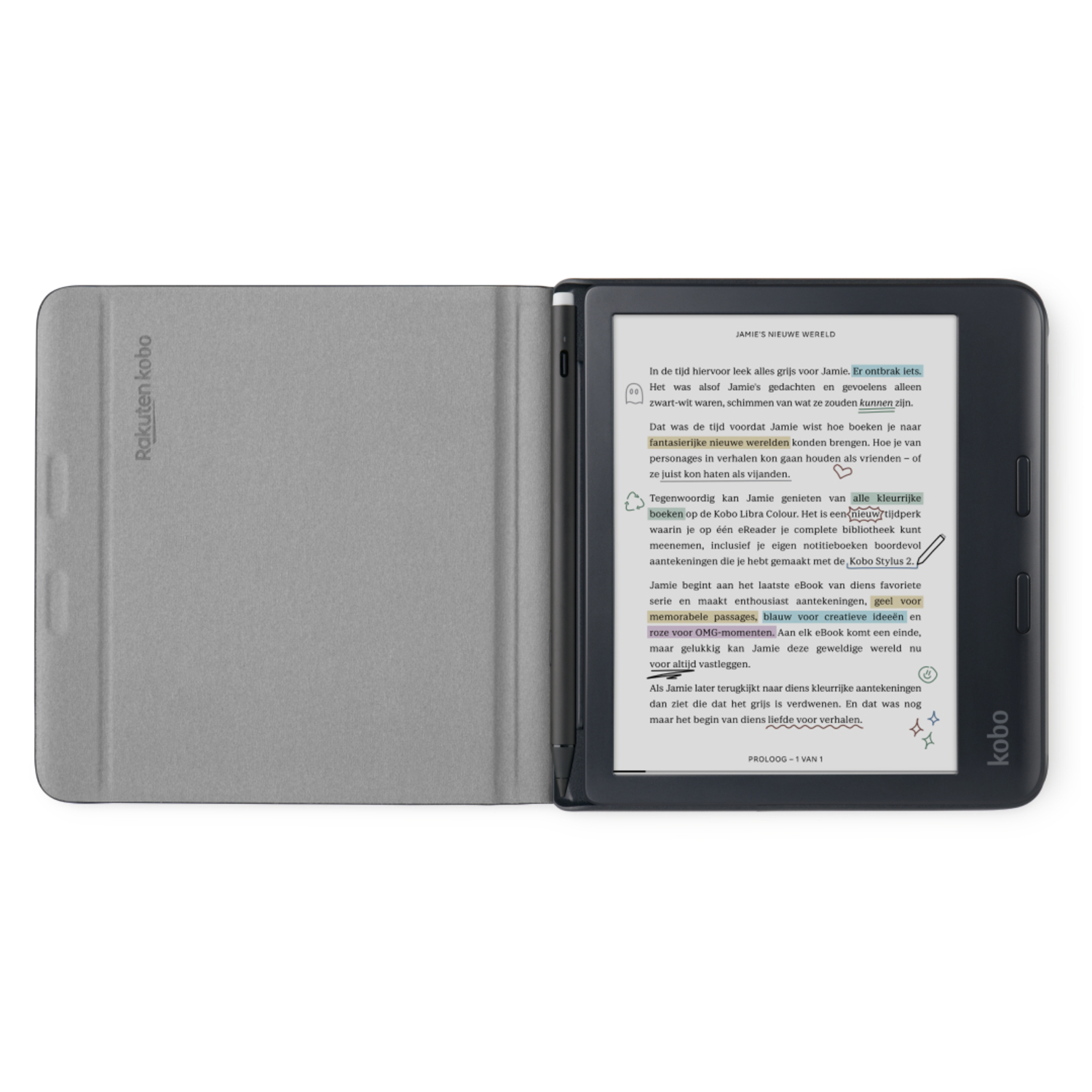 E-reader met open cover met tekst. Scherm toont gemarkeerde woorden. Grijze cover.