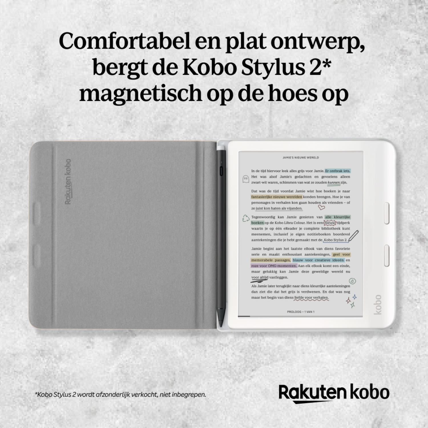 E-reader met een grijze cover en tekst op het scherm. Een pen ligt op de cover.